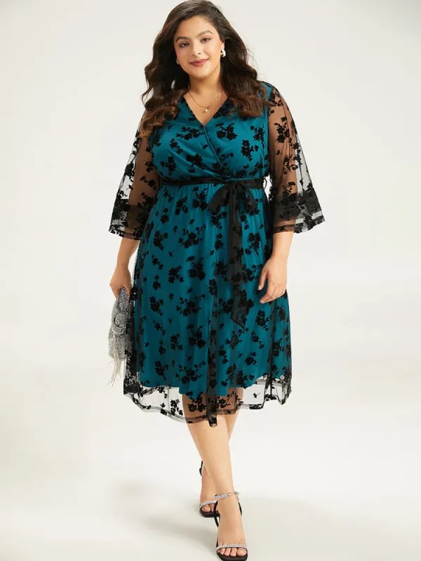 Flocking Floral Crochet Lace Mesh Belted Dress sold by Bloomchic