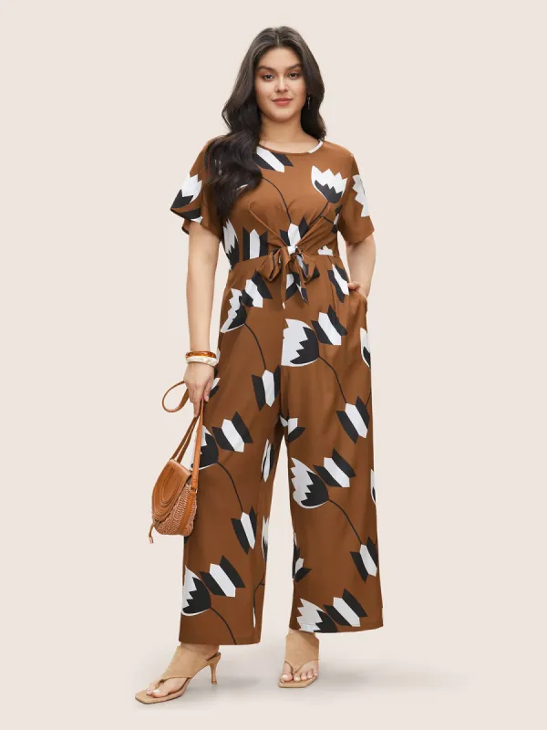 Floral Print Ties Front Pocket Elastic Waist Jumpsuit sold by Bloomchic