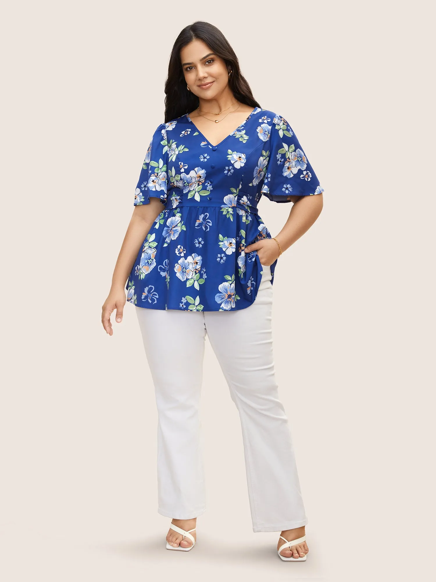 Floral Print Ruched Ruffle Sleeve Blouse sold by Bloomchic product image thumbnail 2