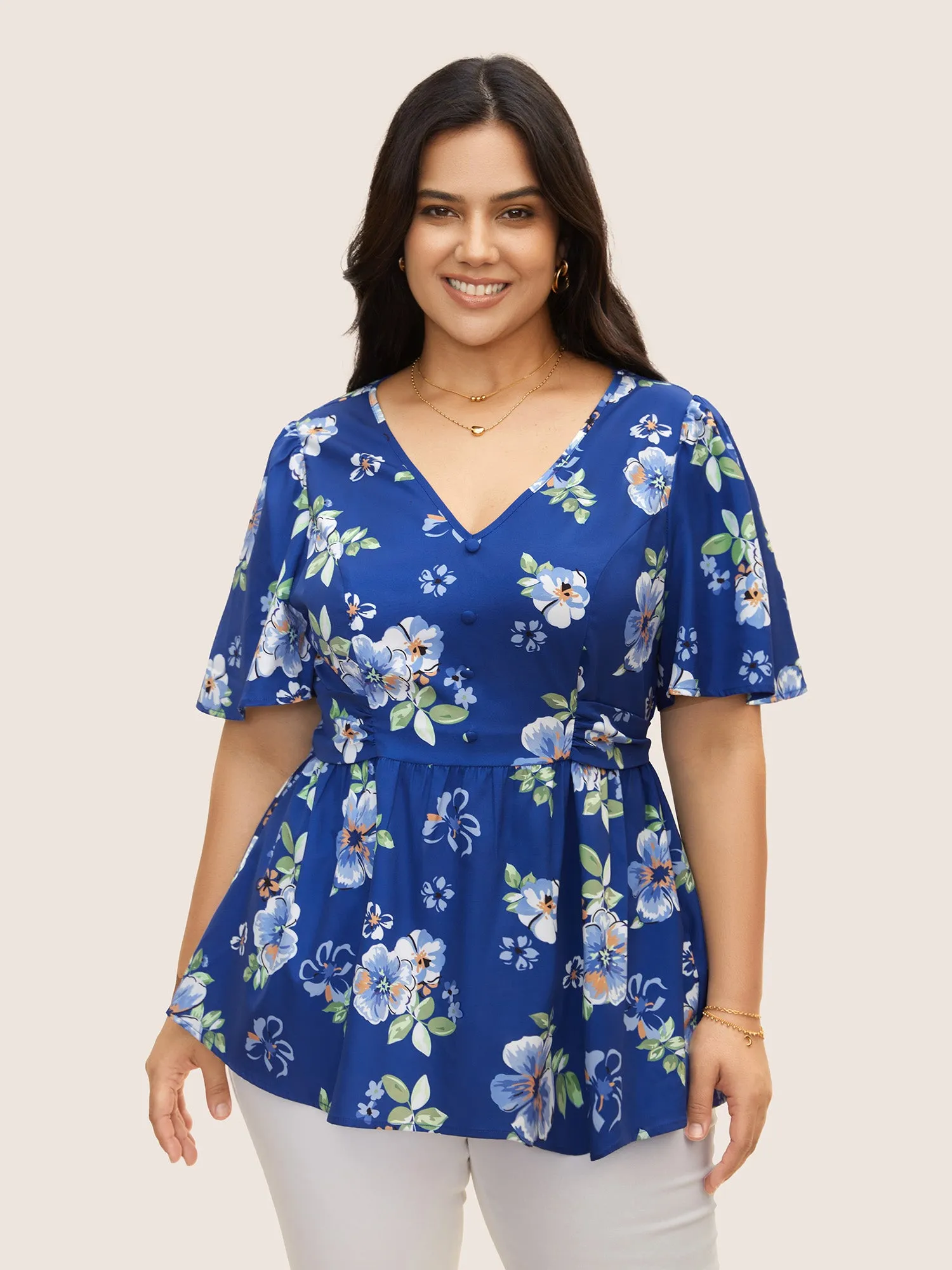 Floral Print Ruched Ruffle Sleeve Blouse sold by Bloomchic
