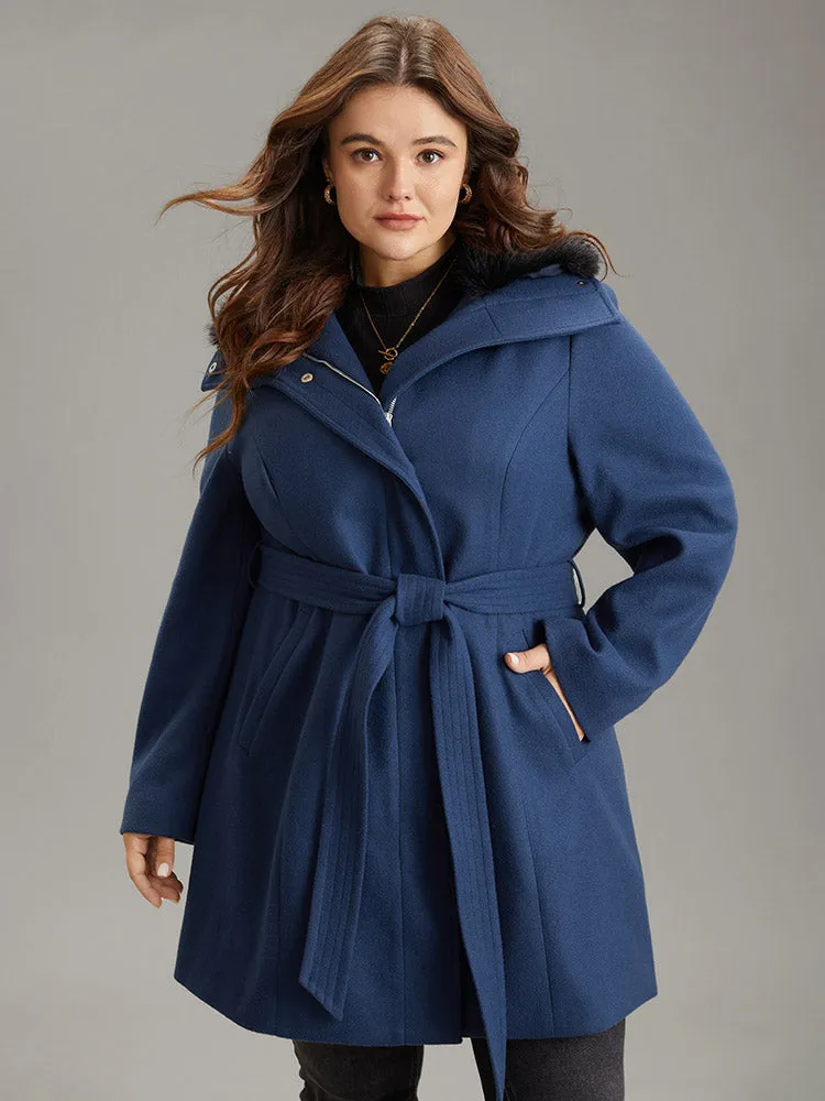 Plain Fuzzy Trim Zipper Belted Coat sold by Bloomchic