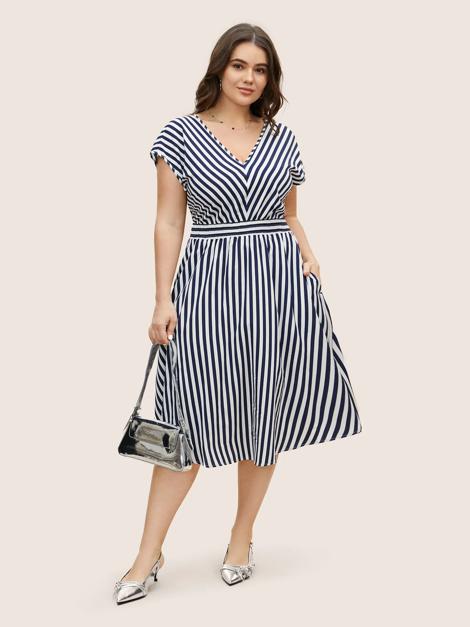 Striped Shirred Dolman Sleeve Dress sold by Bloomchic