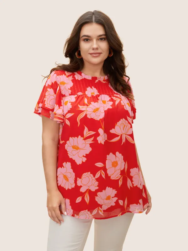 Floral Stand Collar Pleated Tiered Ruffles Blouse sold by Bloomchic