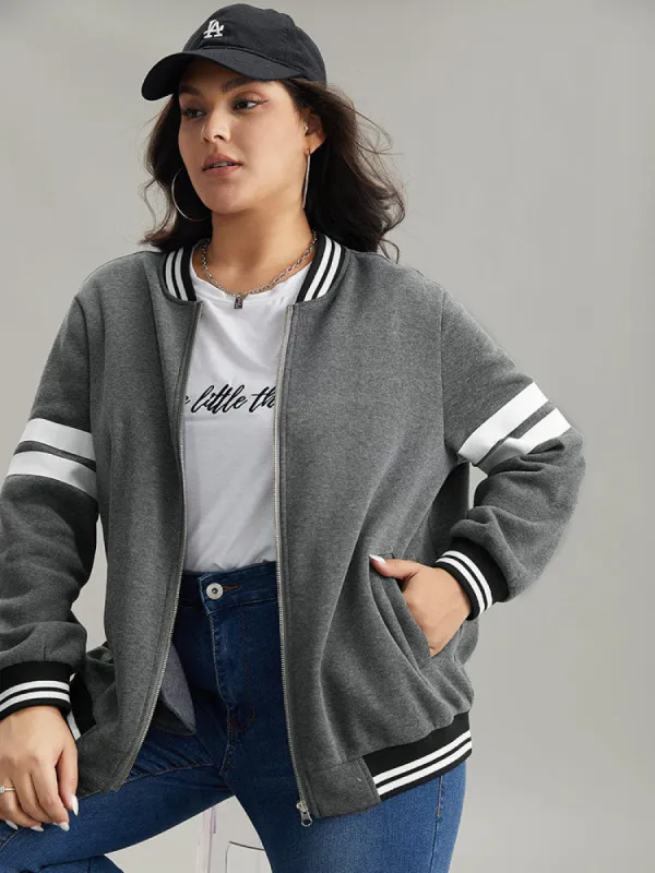 Striped Patchwork Contrast Pocket Zipper Bomber Jacket sold by Bloomchic