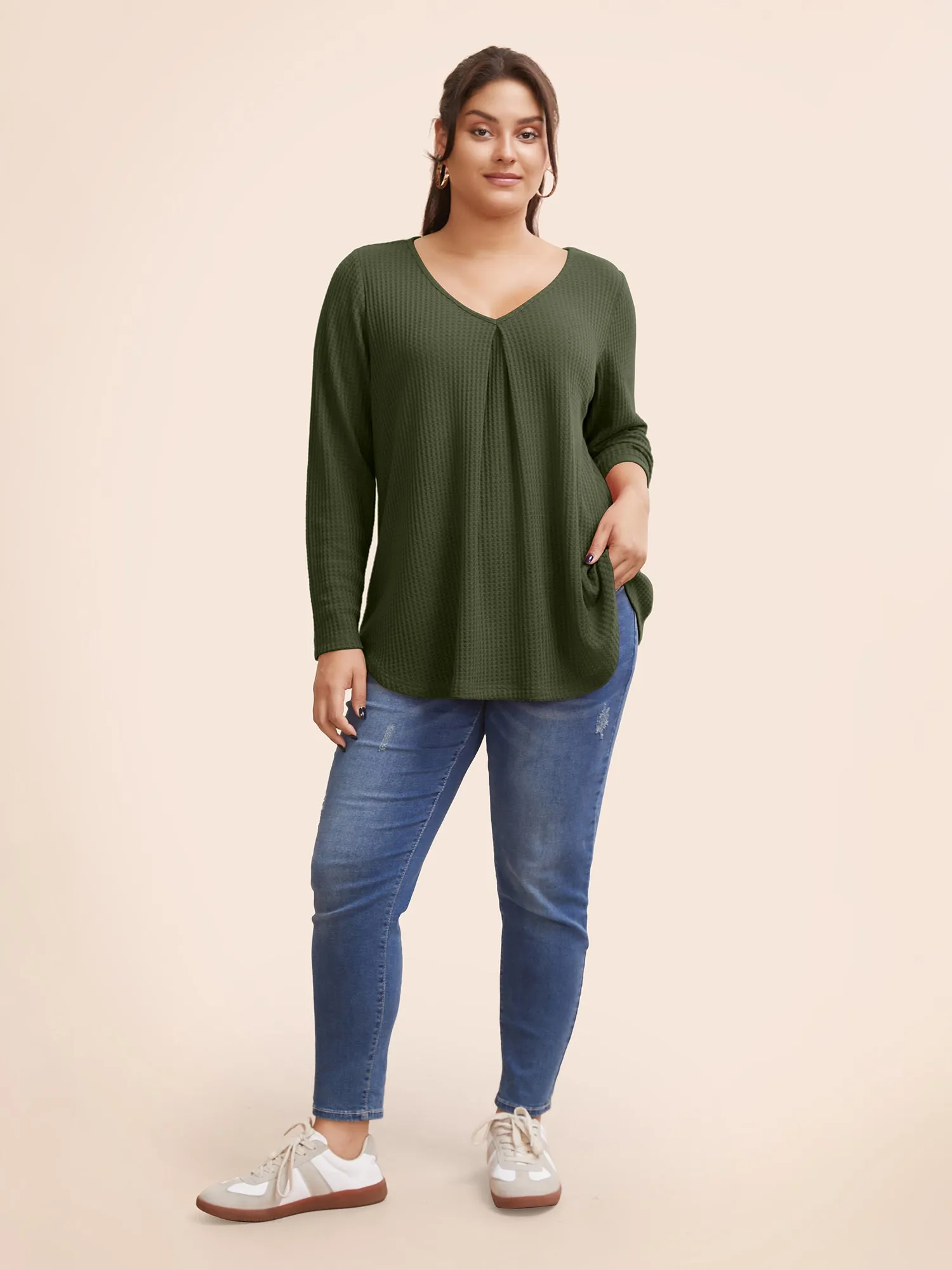 Plain Waffle Knit Scoop Neck Plicated Detail T-shirt sold by Bloomchic product image thumbnail 2