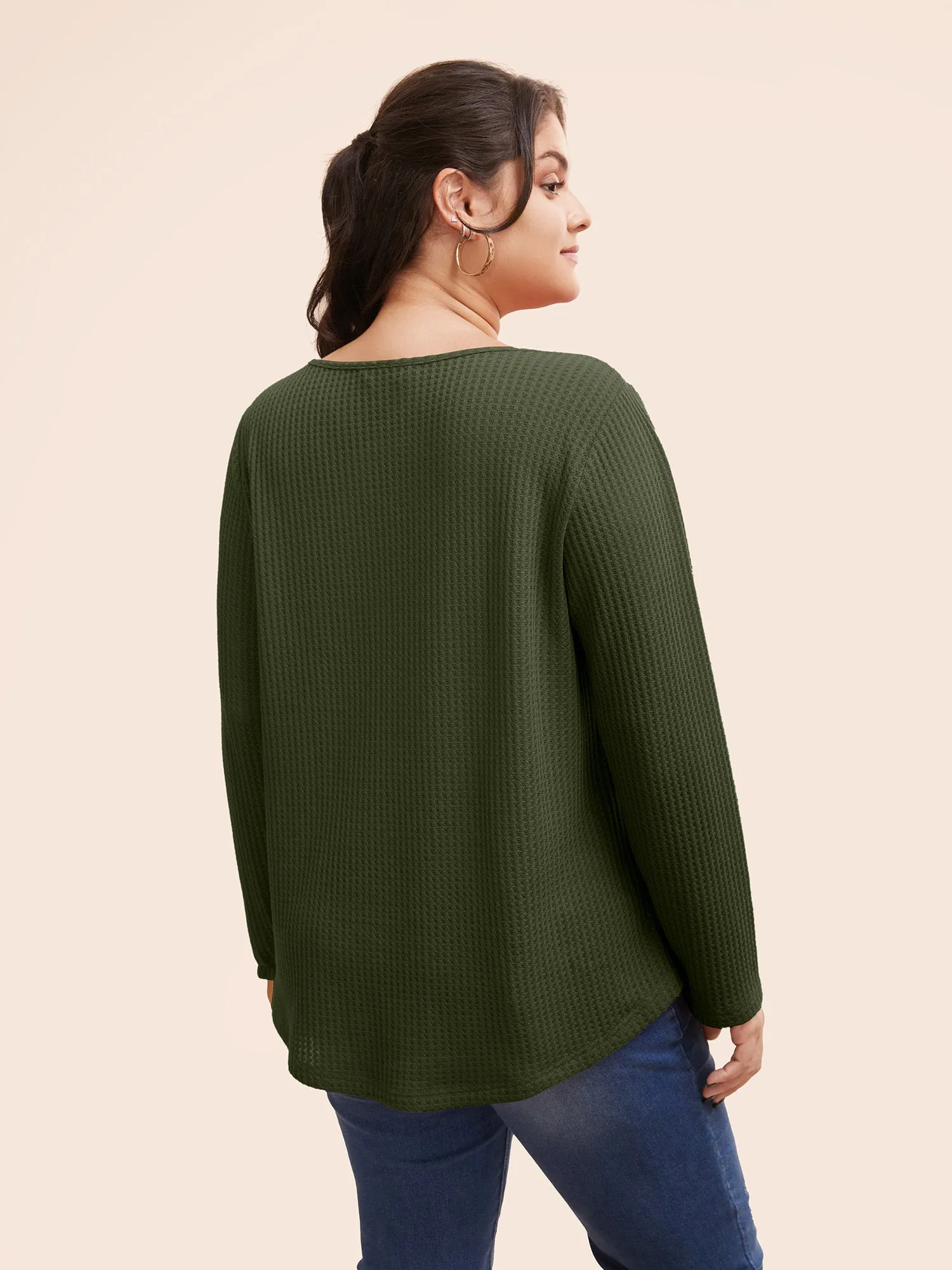 Plain Waffle Knit Scoop Neck Plicated Detail T-shirt sold by Bloomchic product image thumbnail 4
