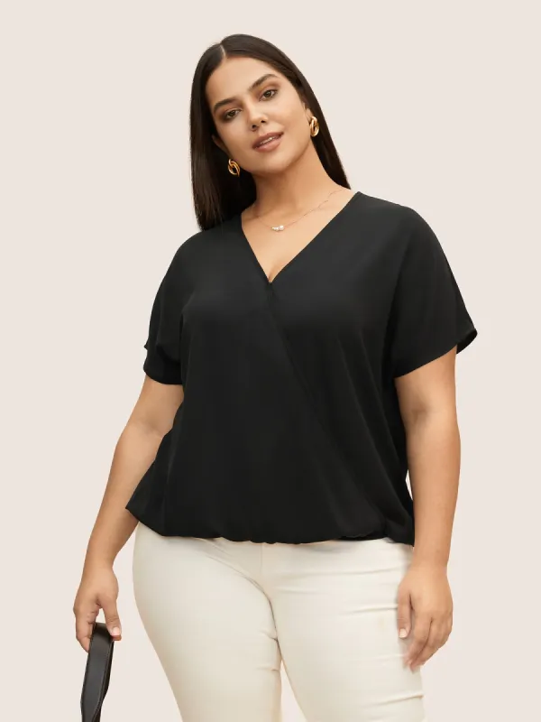 Plain Overlap Collar Dolman Sleeve Blouse sold by Bloomchic