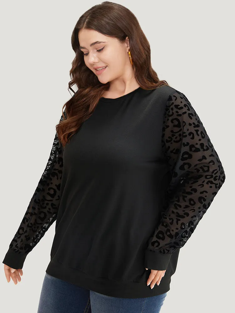 Leopard Mesh Patchwork Round Neck Sweatshirt sold by Bloomchic product image thumbnail 3