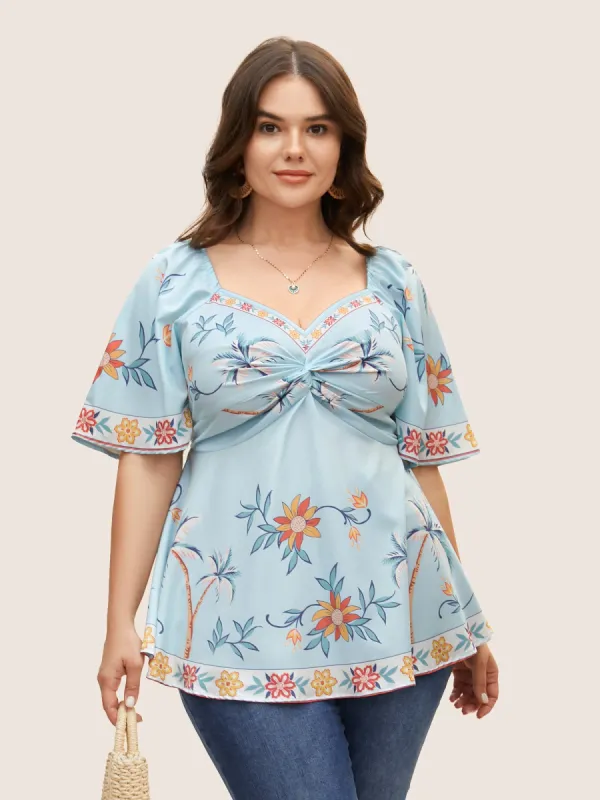 Boho Print Heart Neckline Twist Front Blouse sold by Bloomchic