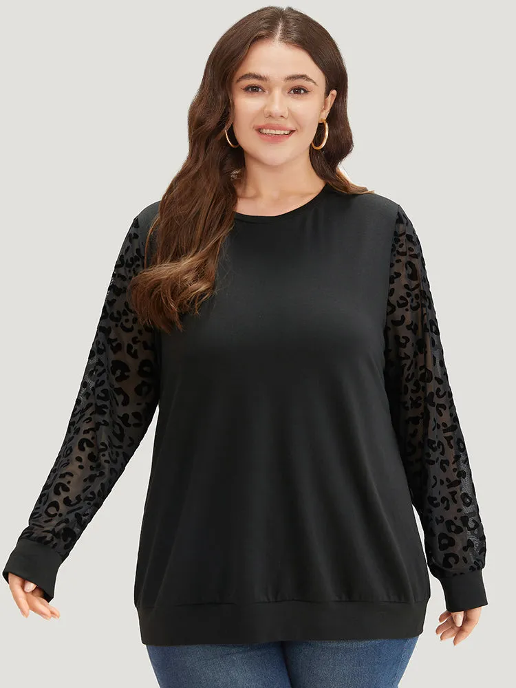 Leopard Mesh Patchwork Round Neck Sweatshirt sold by Bloomchic