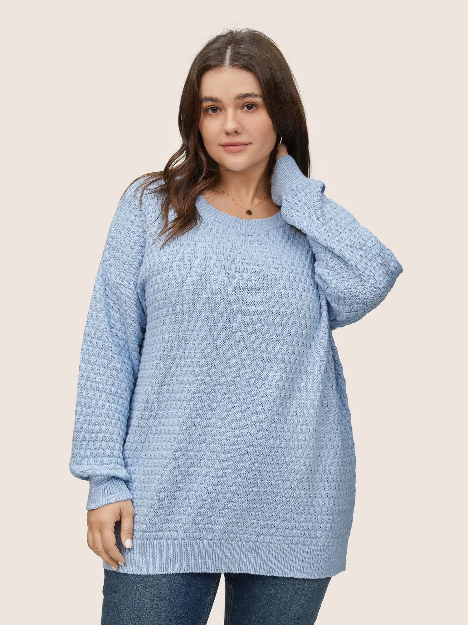 Plain Texture Round Neck Elastic Cuffs Pullover sold by Bloomchic