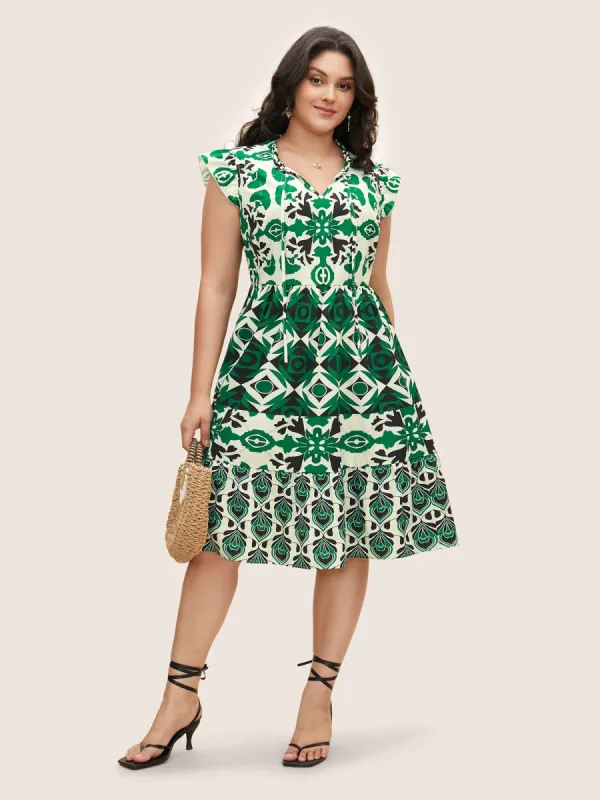 Boho Print Tie Knot Ruffle Cap Sleeve Dress sold by Bloomchic