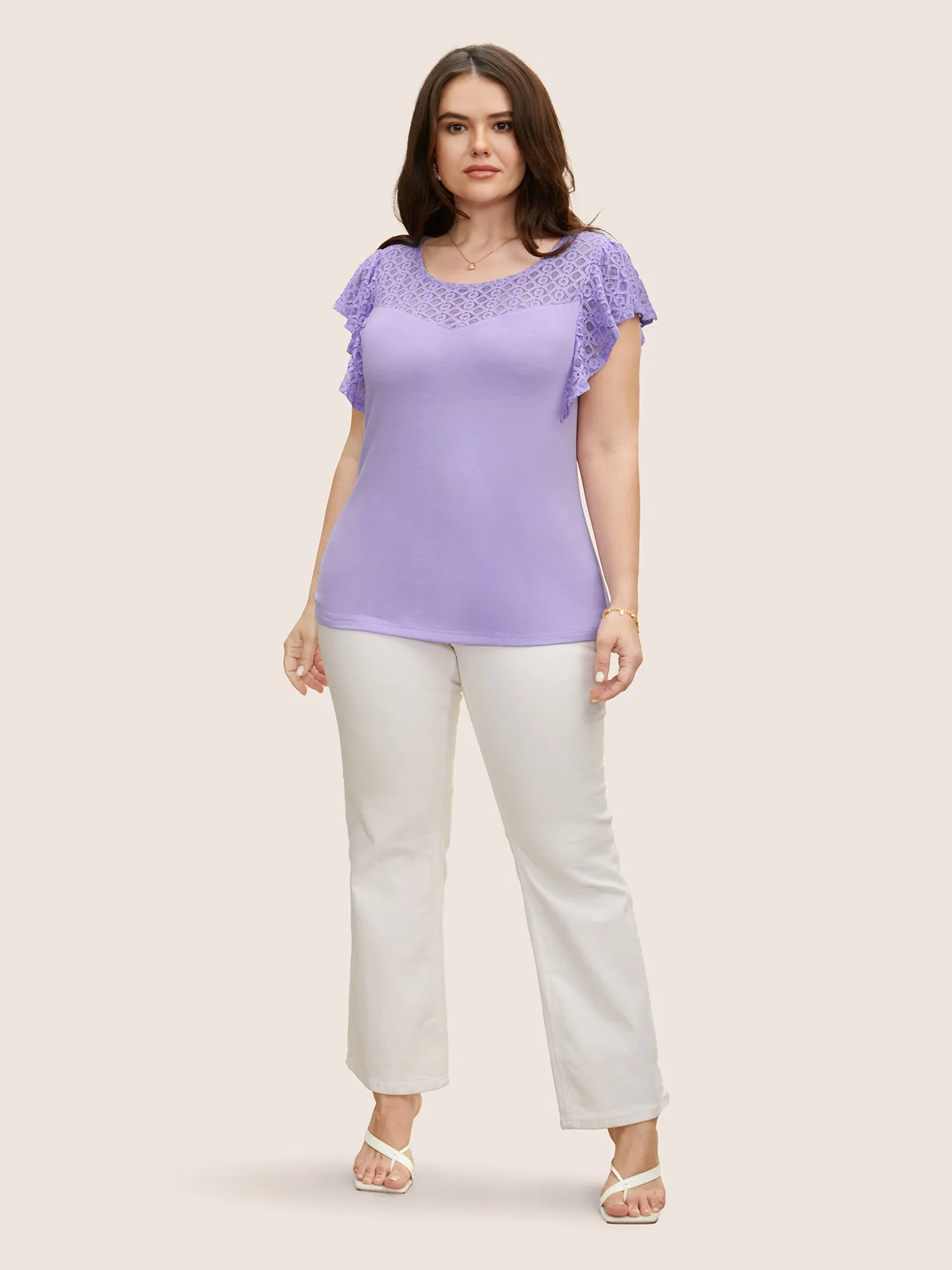 Crochet Lace Mesh Ruffle Cap Sleeve T-shirt sold by Bloomchic product image thumbnail 4