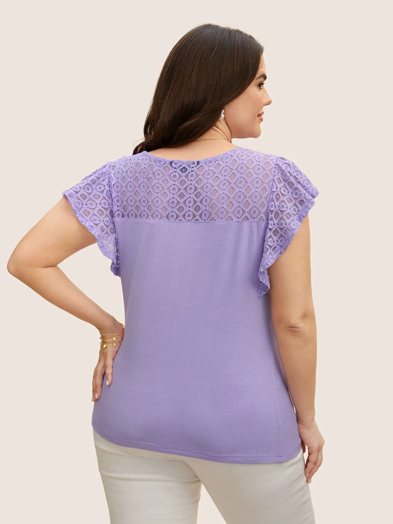 Crochet Lace Mesh Ruffle Cap Sleeve T-shirt sold by Bloomchic product image thumbnail 2
