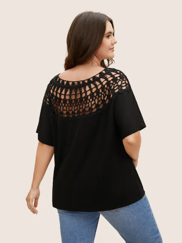 Solid Crew Neck Cut Out Patchwork T-shirt sold by Bloomchic