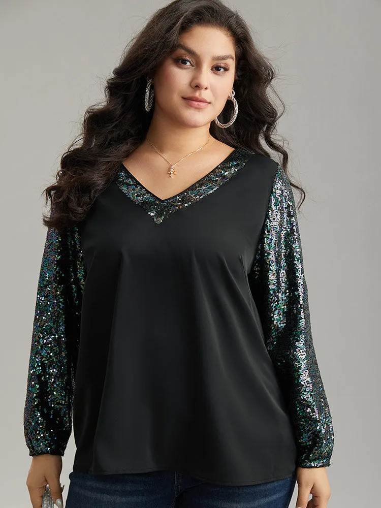 Sequin Patchwork V Neck Blouse sold by Bloomchic