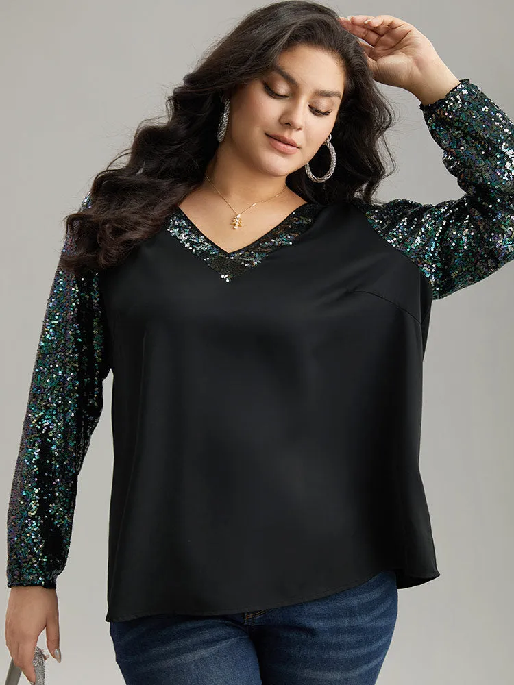 Sequin Patchwork V Neck Blouse sold by Bloomchic product image thumbnail 5