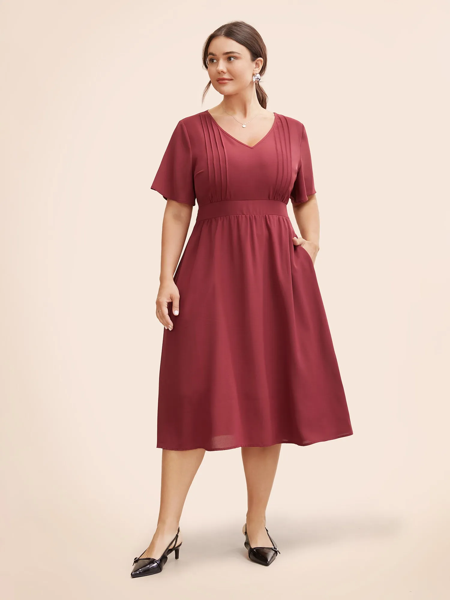 V Neck Pleated Shirred Midi Dress sold by Bloomchic