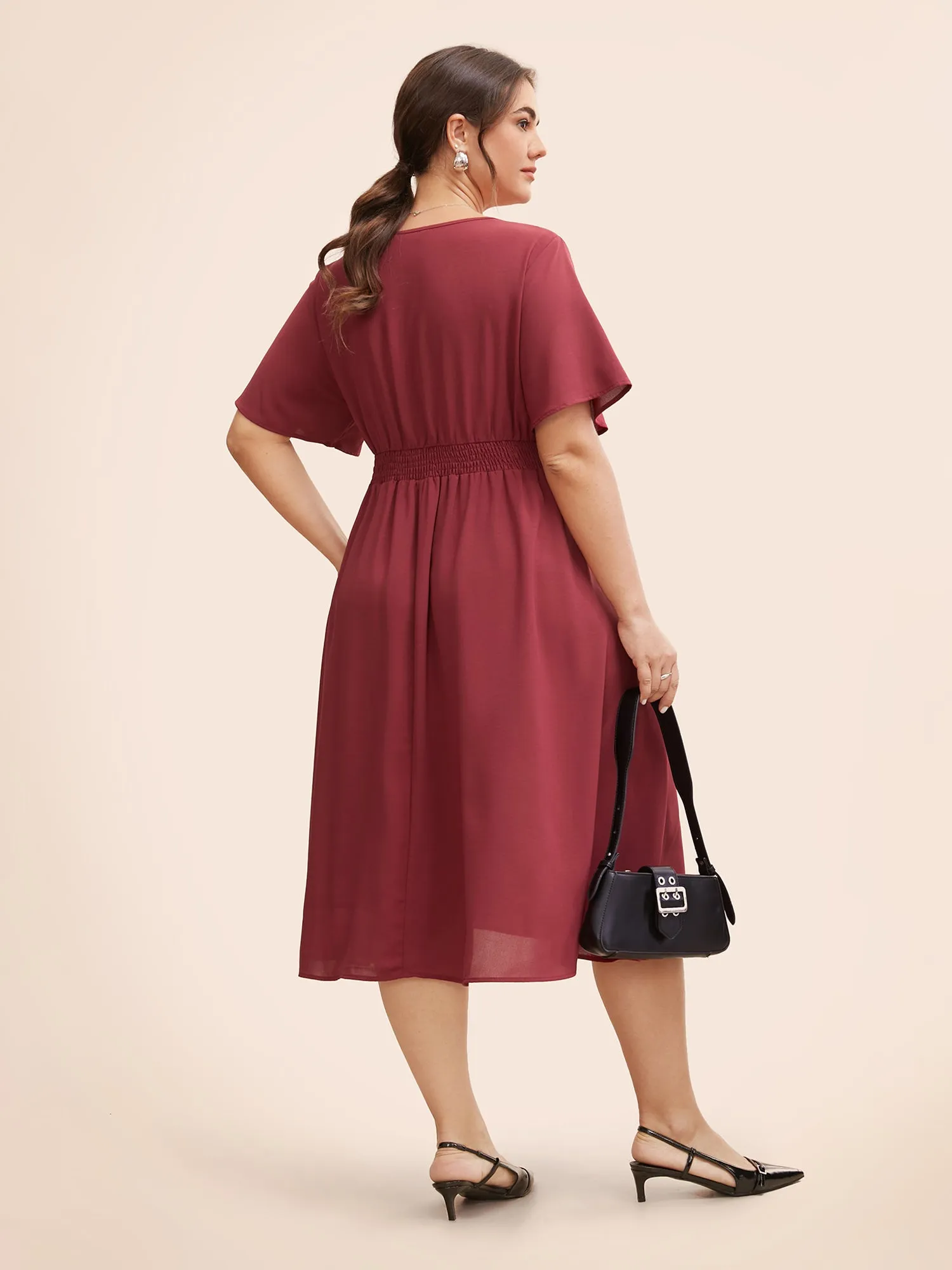 V Neck Pleated Shirred Midi Dress sold by Bloomchic product image thumbnail 3