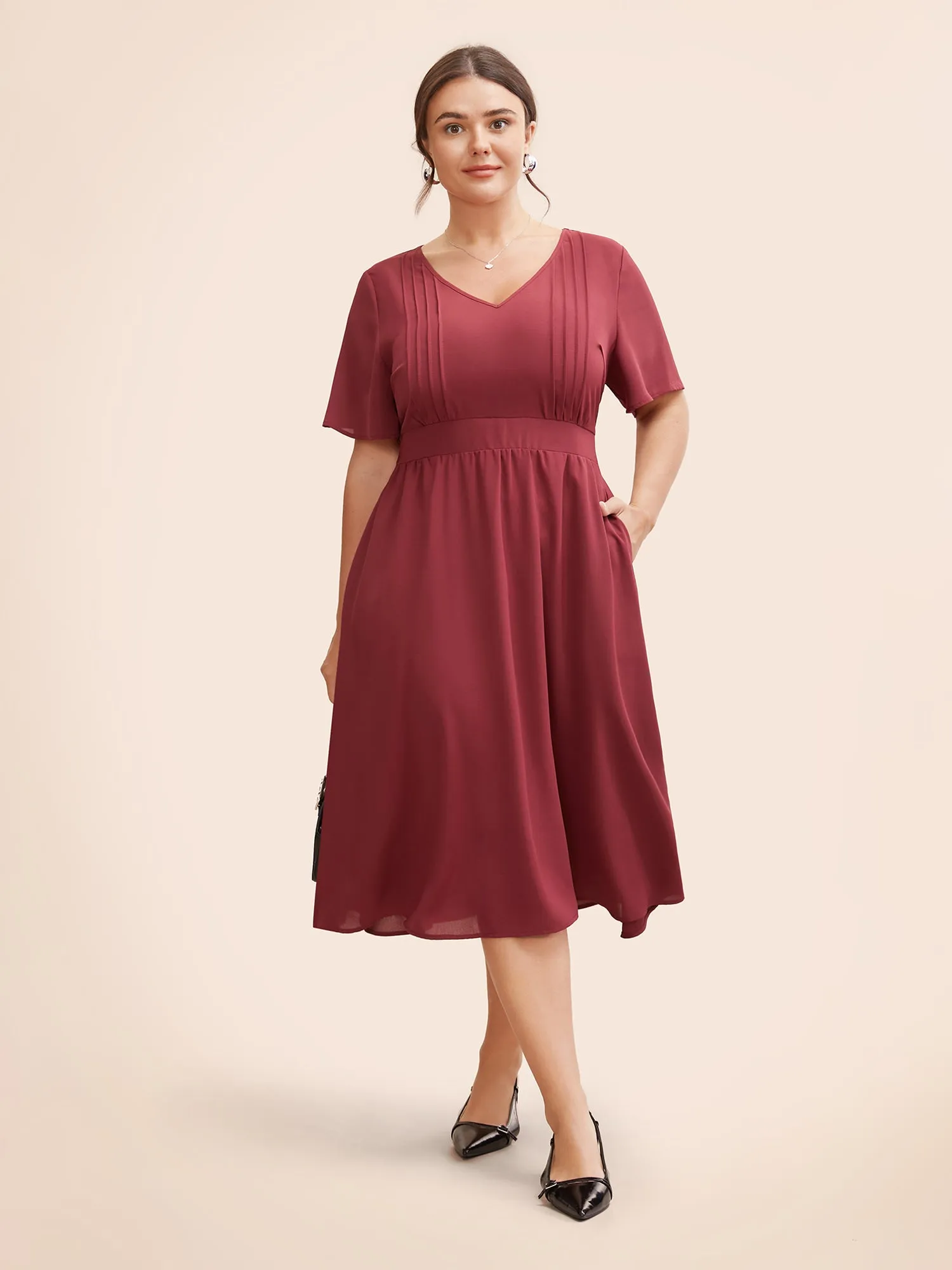V Neck Pleated Shirred Midi Dress sold by Bloomchic product image thumbnail 2