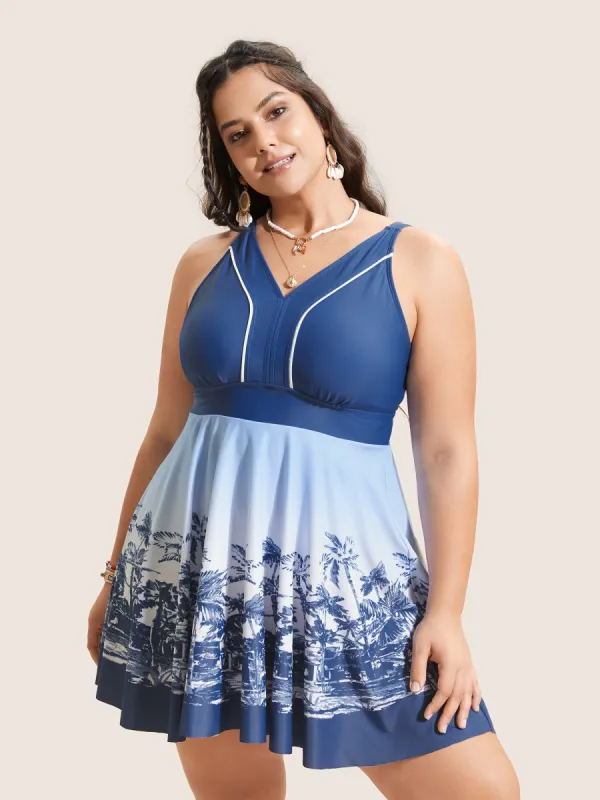 V Neck Tropical Print Contrast Swim Dress sold by Bloomchic