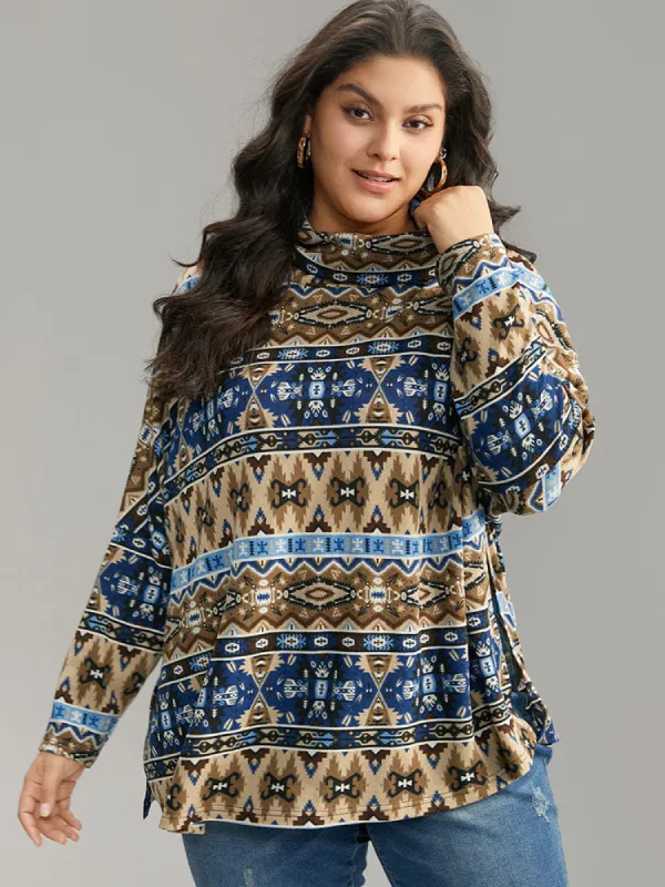 Bandana Print Turtleneck Split Hem T-shirt sold by Bloomchic