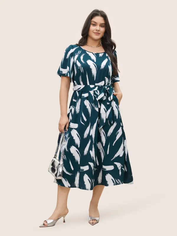 Brush Print Belted Pocket Elastic Waist Dress sold by Bloomchic