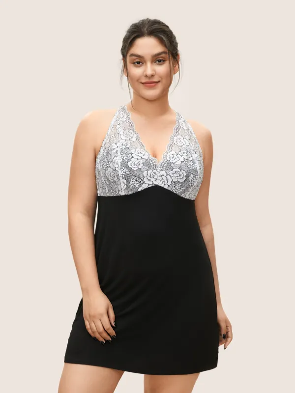 Contrast Lace Panel Halter Sleep Dress sold by Bloomchic