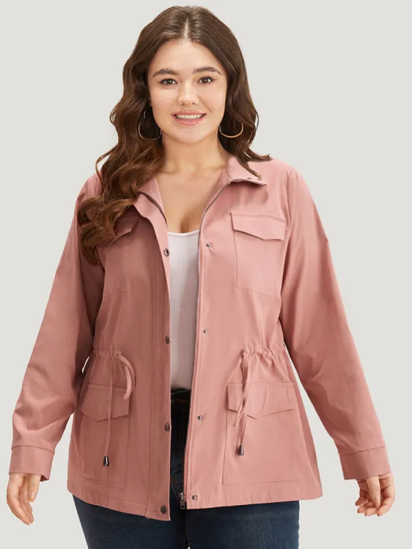 Plain Pocket Button Through Drawstring Zipper Coat sold by Bloomchic