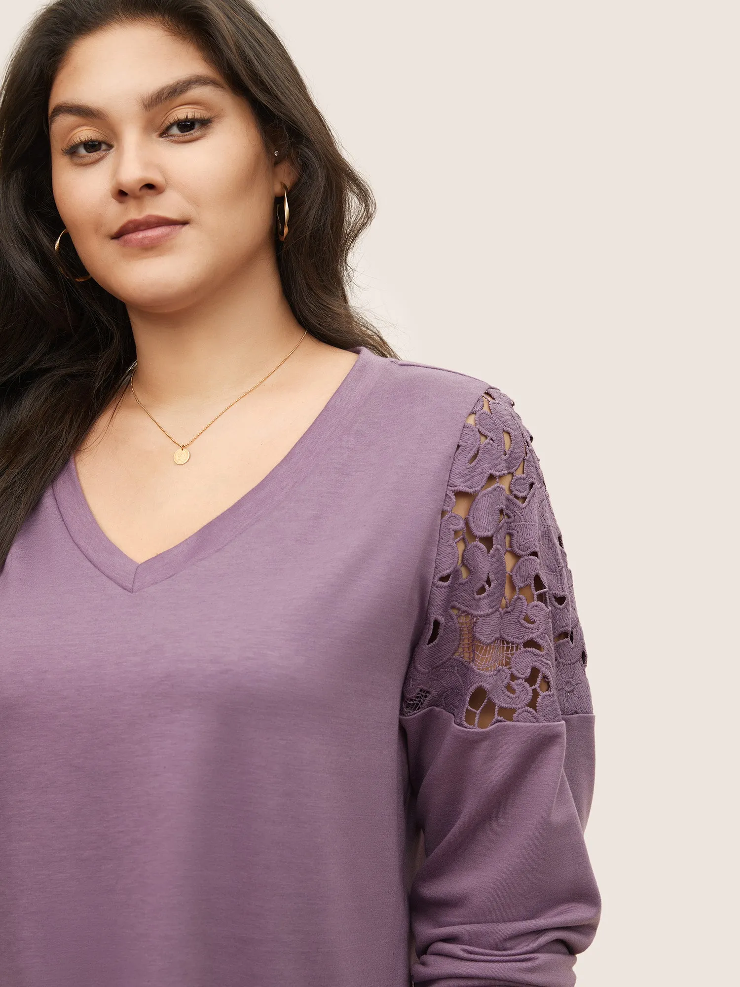 Lace Patchwork Embroidered V Neck Sweatshirt sold by Bloomchic product image thumbnail 4