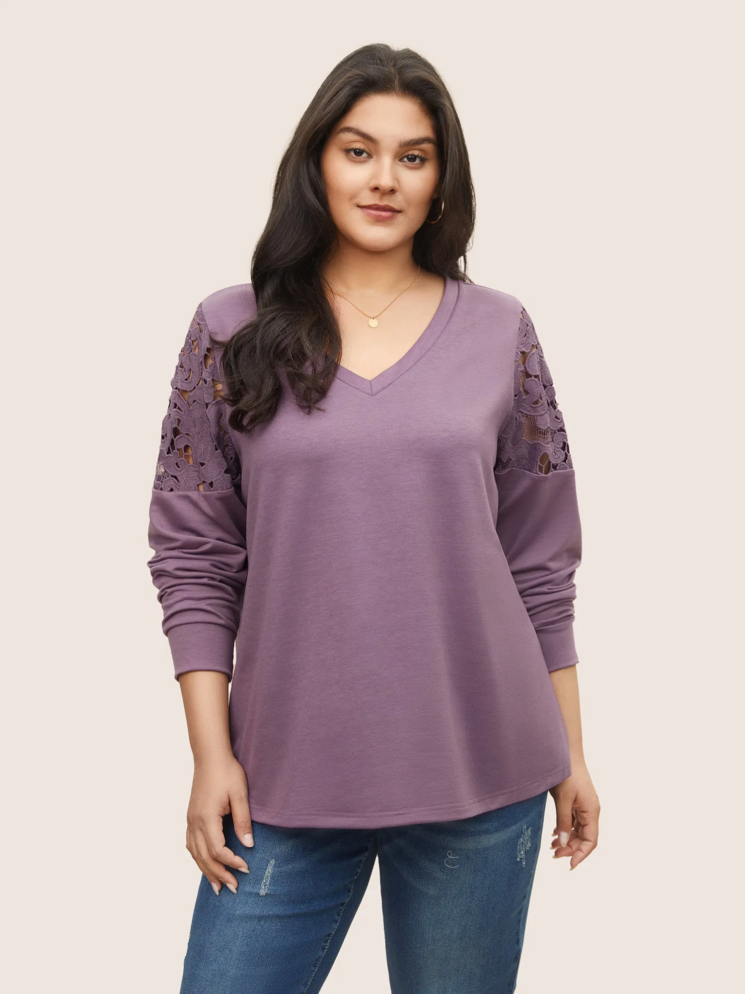 Lace Patchwork Embroidered V Neck Sweatshirt sold by Bloomchic