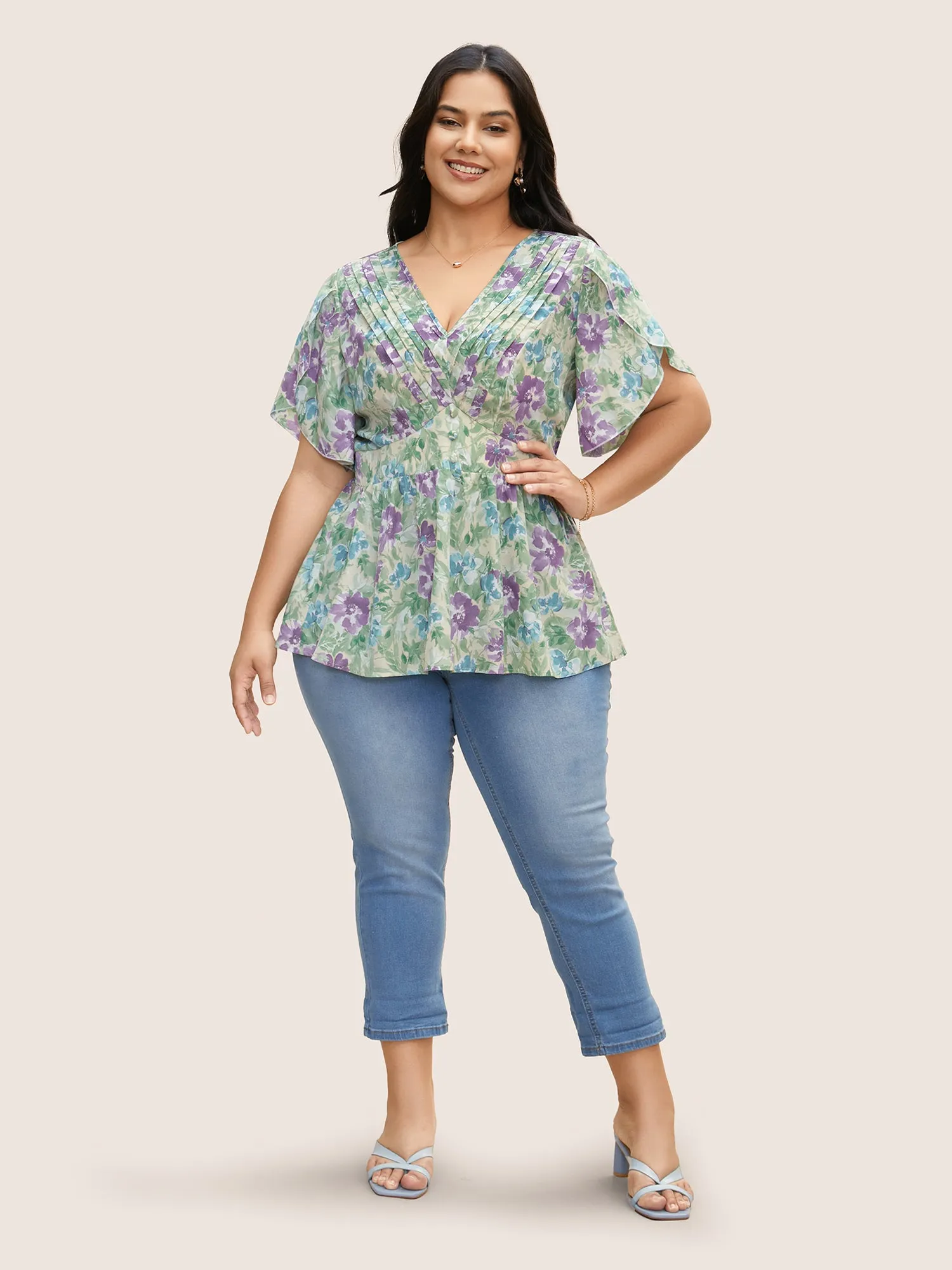V Neck Floral Petal Sleeve Pleated Blouse sold by Bloomchic product image thumbnail 2