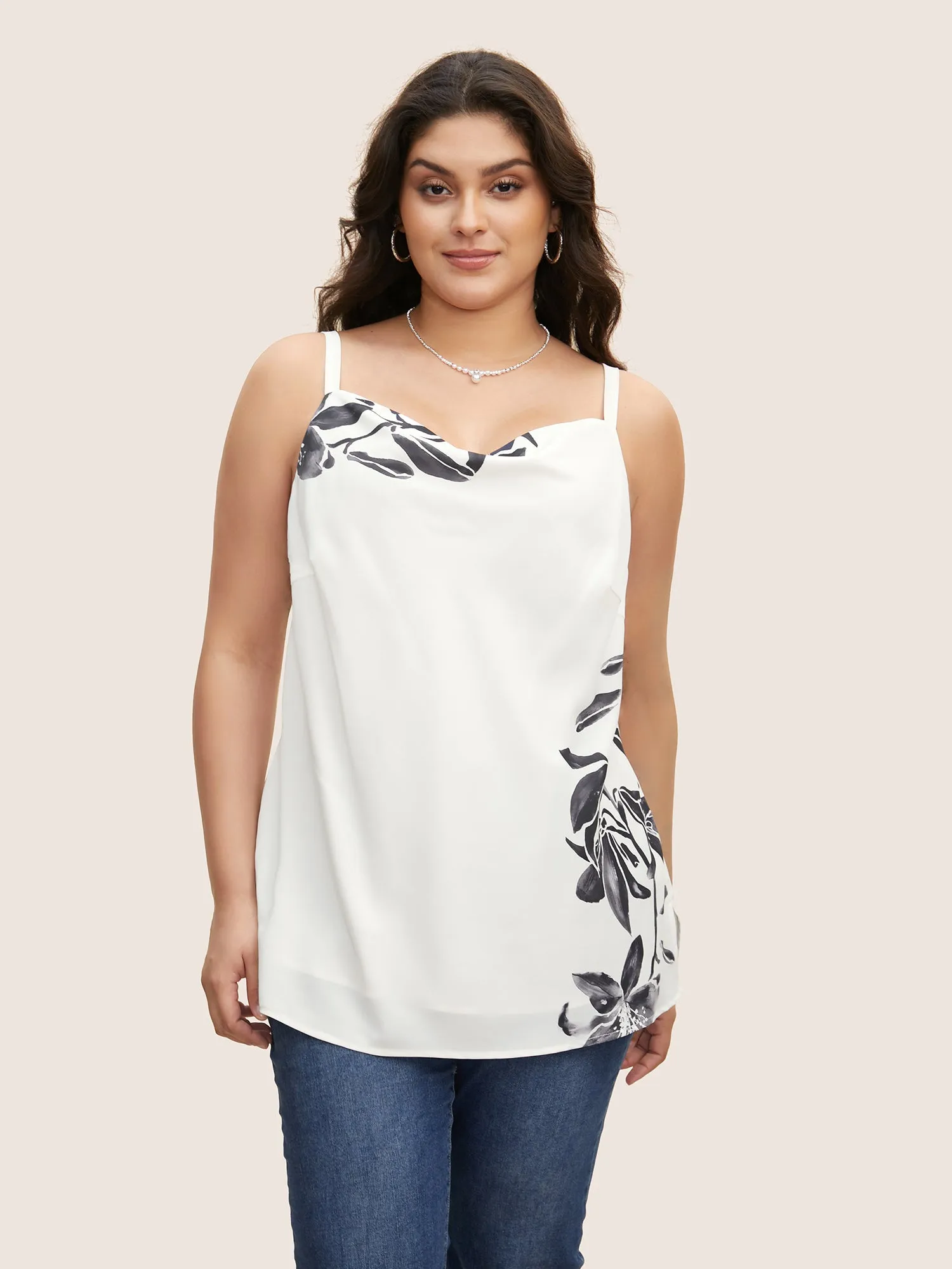 Cowl Neck Lily Print Split Hem Cami Top sold by Bloomchic