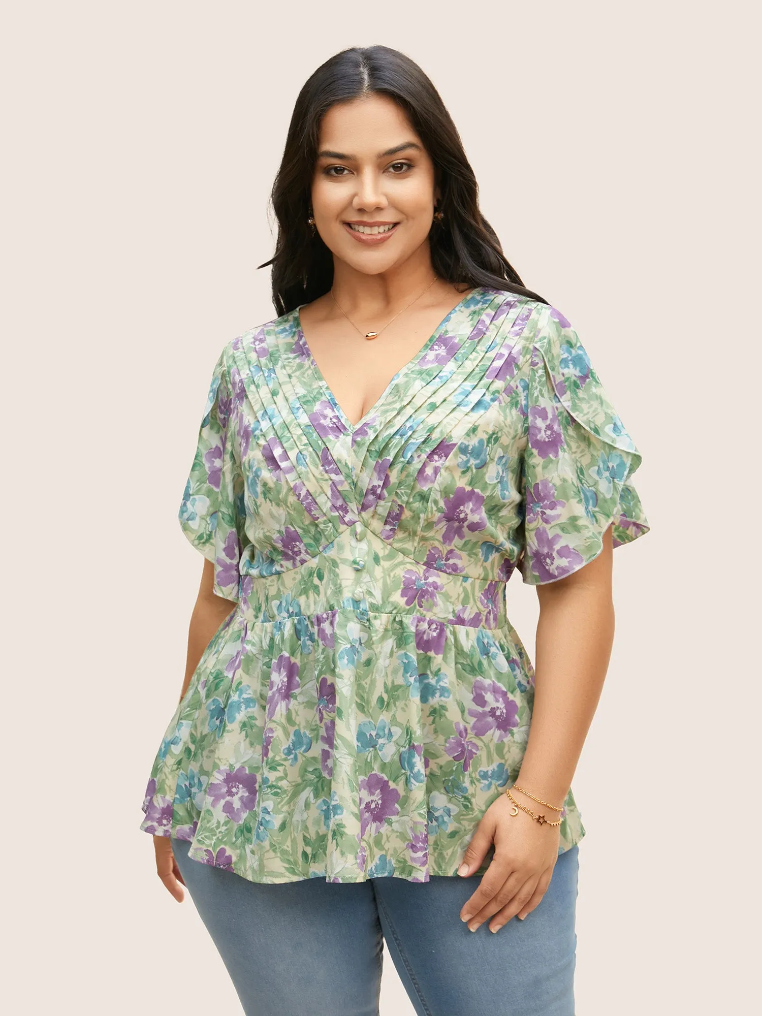 V Neck Floral Petal Sleeve Pleated Blouse sold by Bloomchic