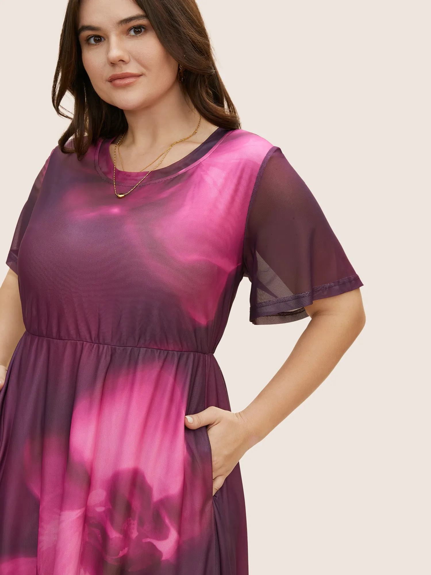 Butterfly Orchid Mesh Ruffle Sleeve Midi Dress sold by Bloomchic product image thumbnail 4