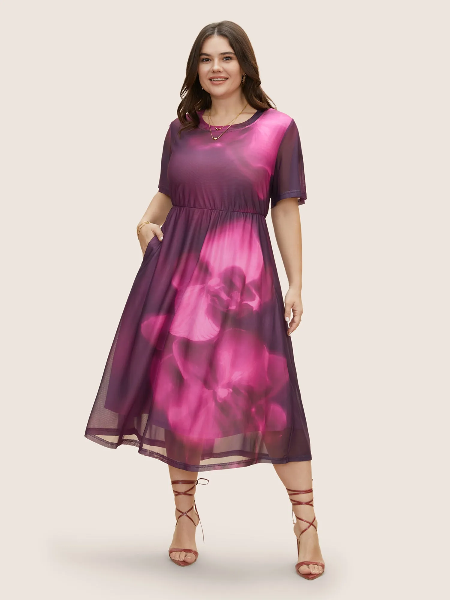 Butterfly Orchid Mesh Ruffle Sleeve Midi Dress sold by Bloomchic product image thumbnail 2