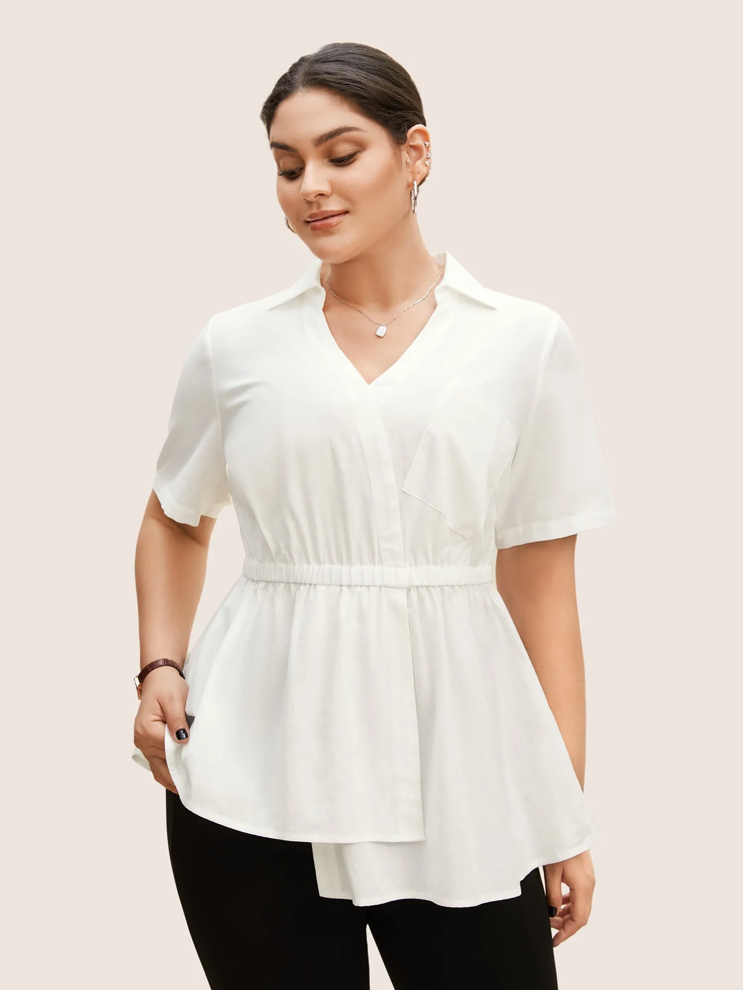 Shirt Collar Elastic Waist Asymmetrical Hem Blouse sold by Bloomchic product image thumbnail 2