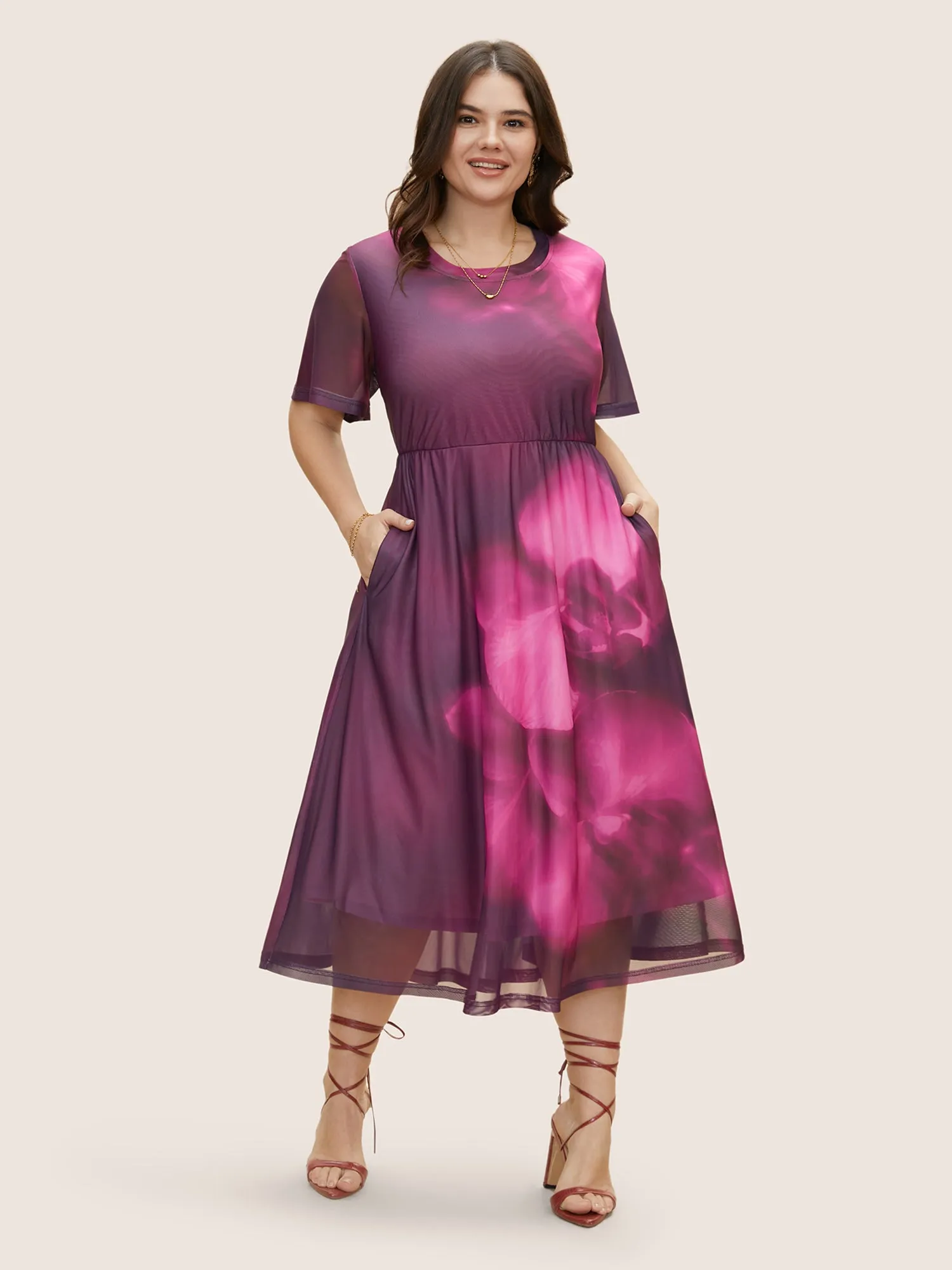 Butterfly Orchid Mesh Ruffle Sleeve Midi Dress sold by Bloomchic