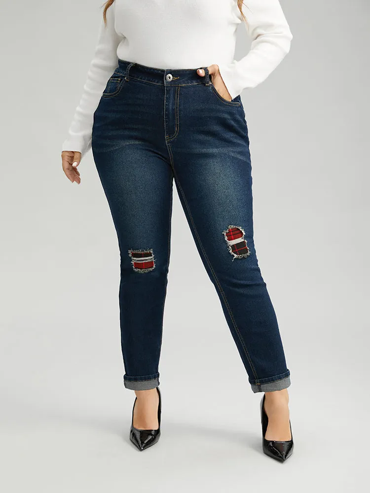 Plaid Patched Pocket Full Length Jeans sold by Bloomchic