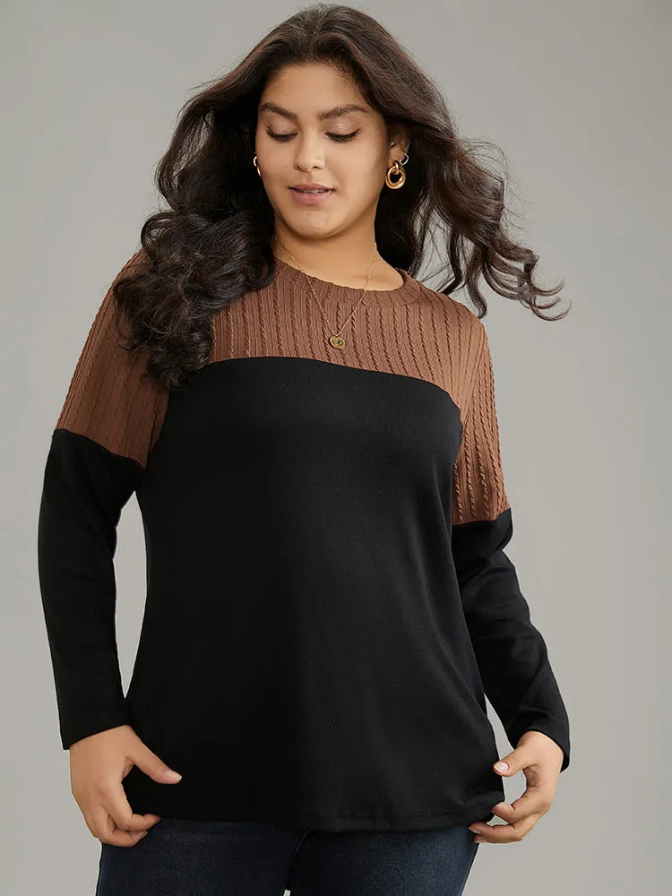 Textured Patchwork Contrast Crew Neck Knit T-shirt sold by Bloomchic