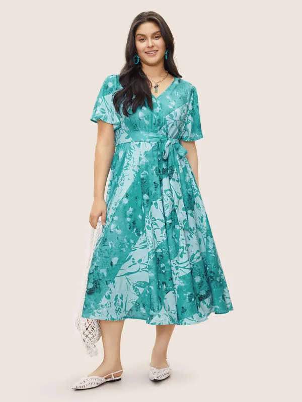 Graphic Elastic Waist Belted Wrap Dress sold by Bloomchic