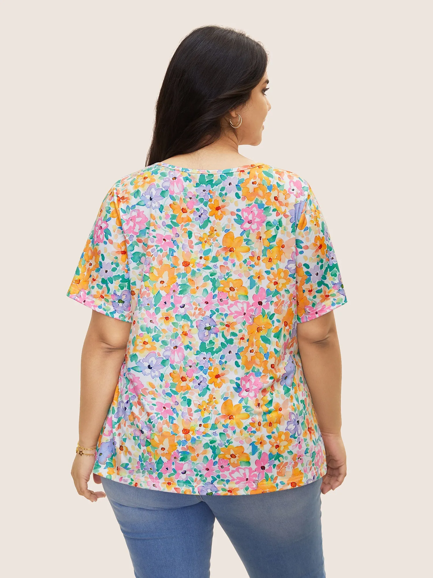 Crew Neck Colored Floral Gathered T-shirt sold by Bloomchic product image thumbnail 2