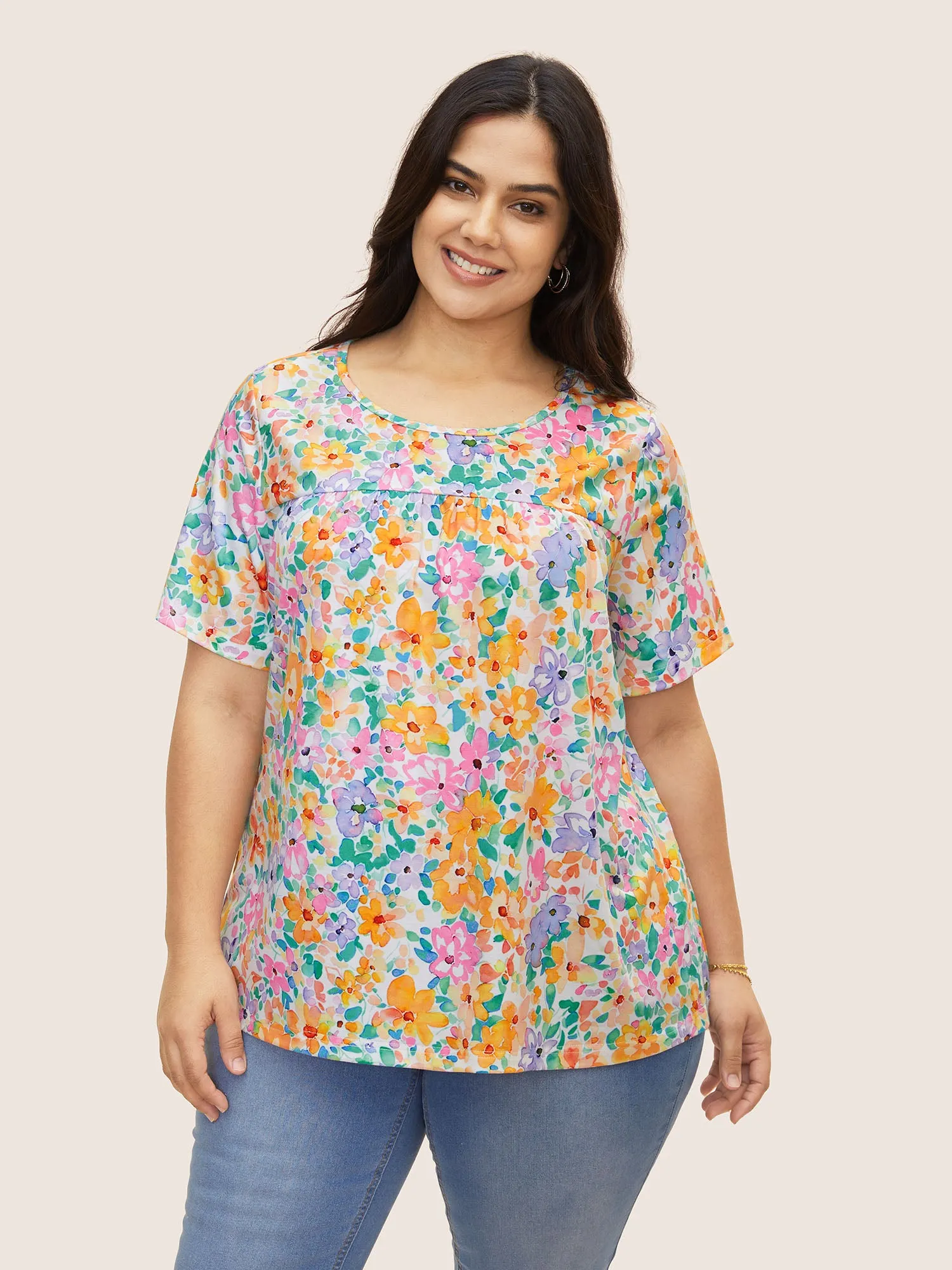Crew Neck Colored Floral Gathered T-shirt sold by Bloomchic