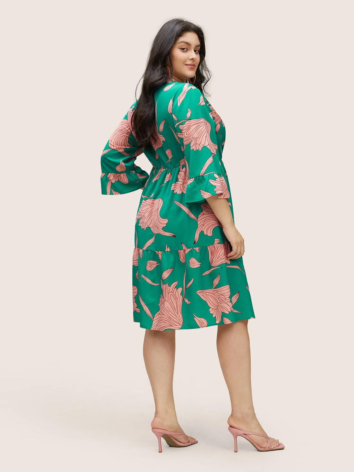 Floral Notched Button Up Patchwork Ruffles Dress sold by Bloomchic product image thumbnail 3