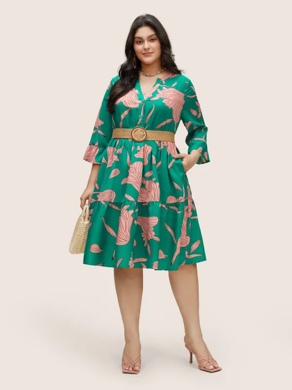 Floral Notched Button Up Patchwork Ruffles Dress sold by Bloomchic