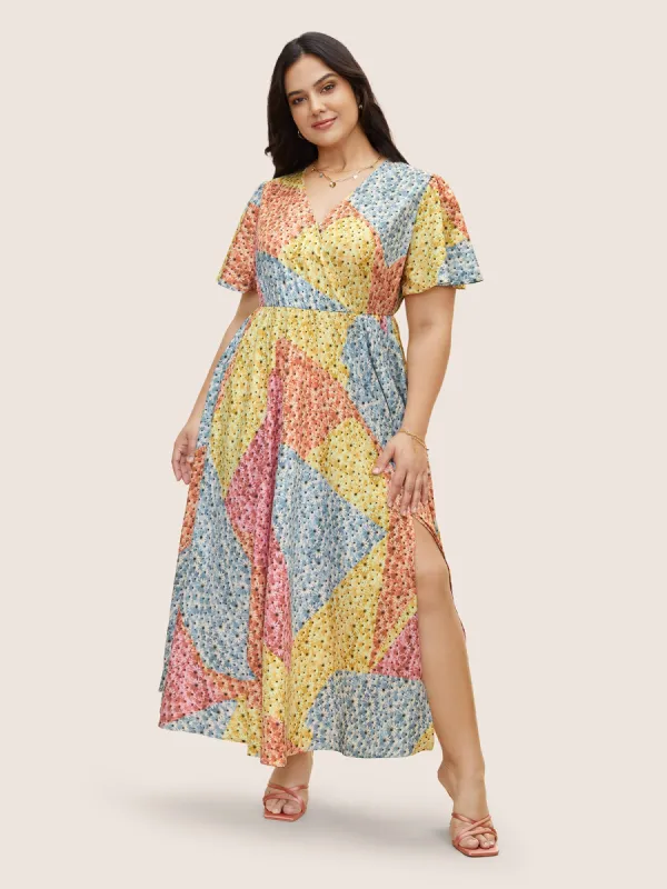 Contrast Patchwork Floral Split Front Maxi Dress sold by Bloomchic