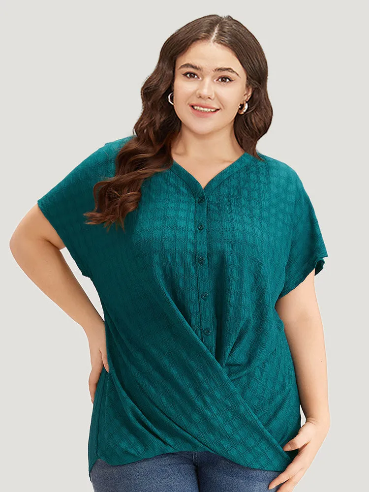 Plisse Crossover Button Up Batwing Sleeve T-shirt sold by Bloomchic