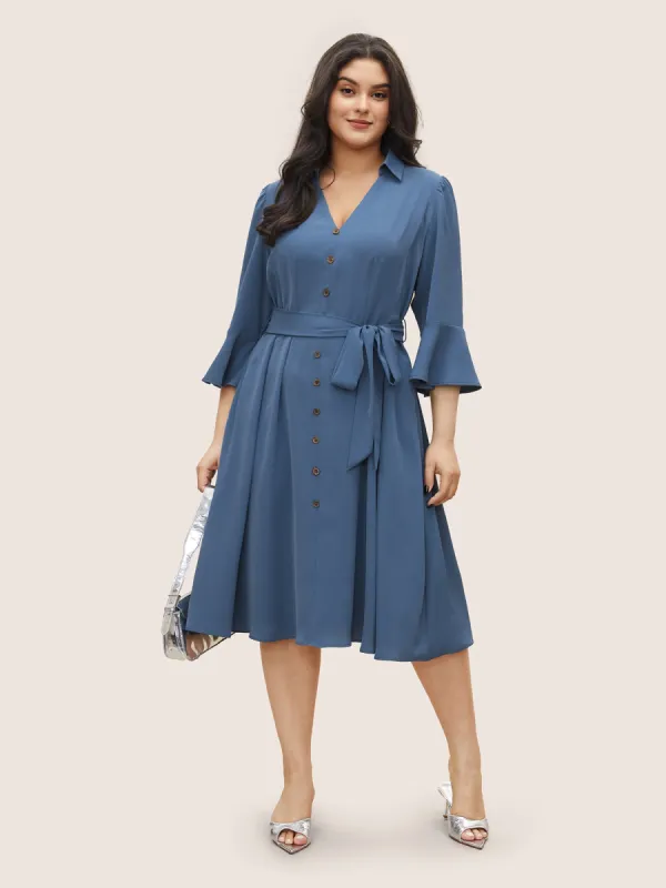 Solid Belted Pleated Ruffle Sleeve Dress sold by Bloomchic