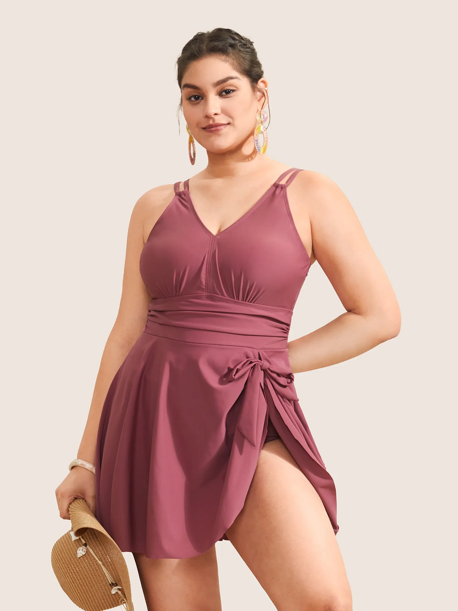 Plain Gathered Knot Adjustable Straps Swim Dress sold by Bloomchic