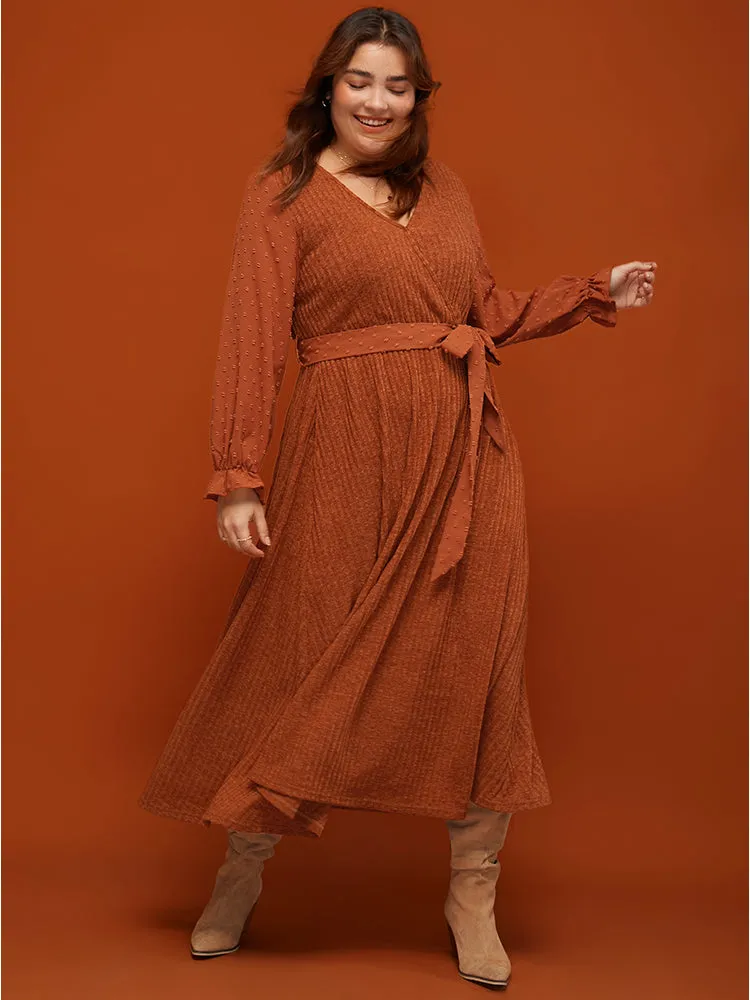 Solid Patchwork Pocket Surplice Neck Lantern Sleeve Belted Maxi Dress sold by Bloomchic